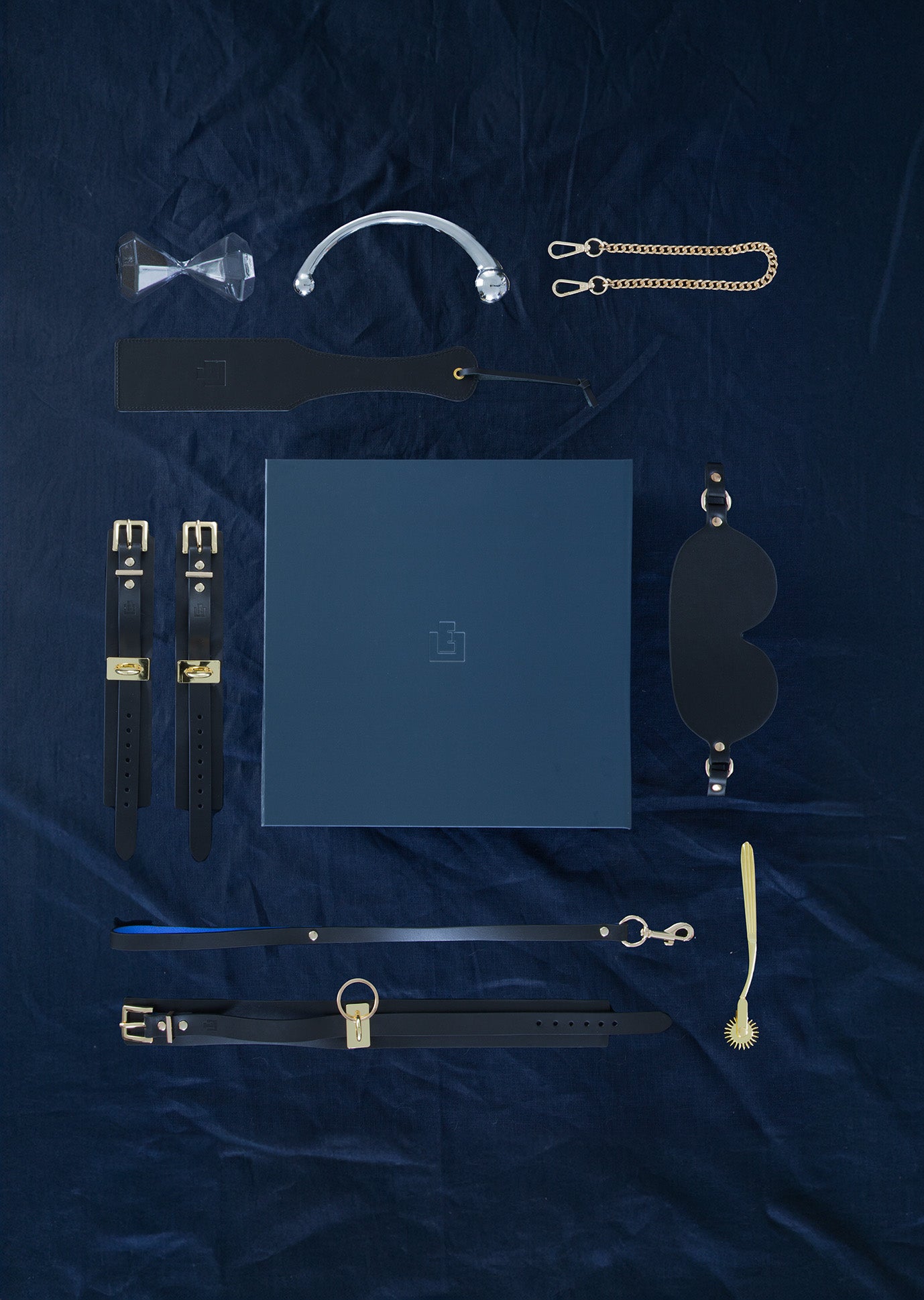Sex toys displayed around a subscription box. Lleather cuffs, leather collar, leather leash, blindfold, leather paddle, wartenberg wheel, stainless steel wand